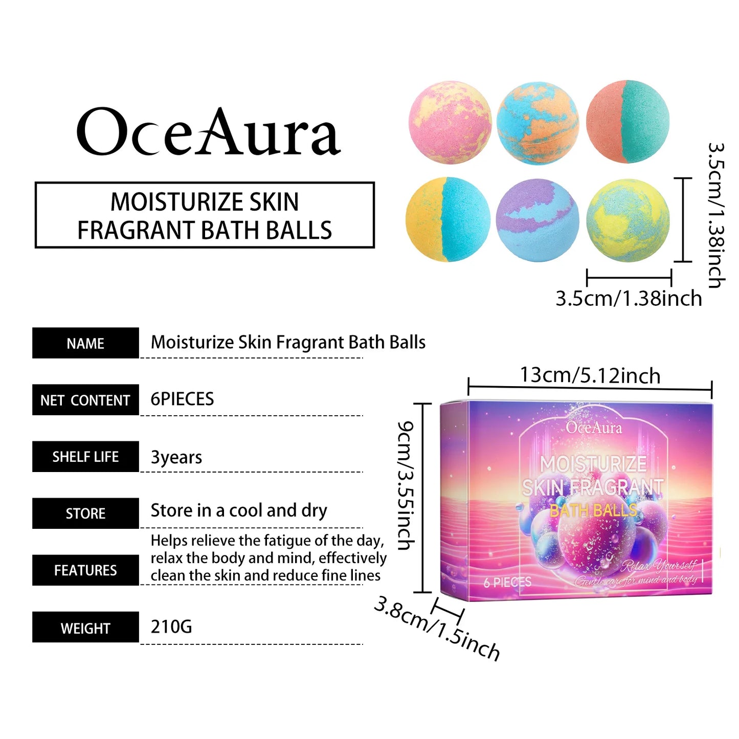 OceAura Bath Bubble Balls for Women Soft Smooth Clean Body Care Moisturizing Skin Elasticity Enhancement Shower Gift Set 6pcs