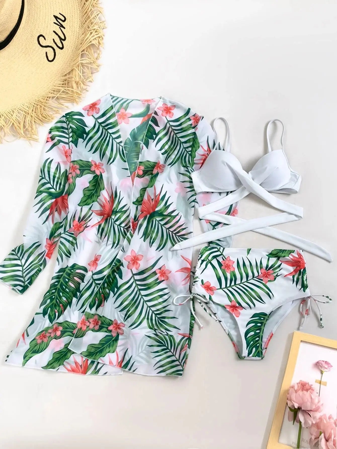 Three Pieces Bikini Set Cover Up Women 2023 New Push Up Twist Swimsuit Print Long Sleeve Swimwear Biquini Bathing Suit Summer