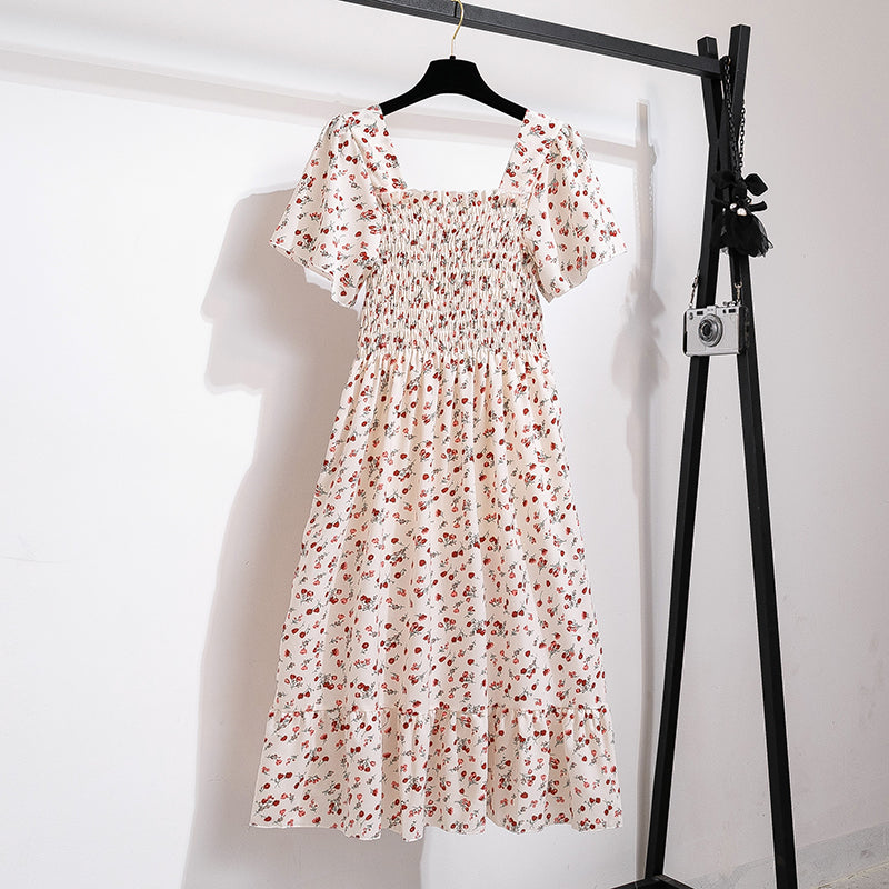 Floral Chiffon Smocked Midi Dress: Butterfly Sleeve Square Neck A-Line Gown