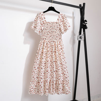 Floral Chiffon Smocked Midi Dress: Butterfly Sleeve Square Neck A-Line Gown