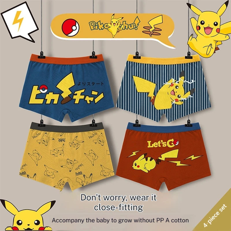 4-Piece Set Pikachu Boys' Underwear Pure Cotton Children'S Flat Corner Pants Summer Thin Spring Cartoon Cute Shorts