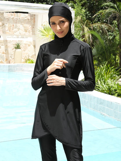 3PCS Black Series Modest Burkini Femmes Muslim Swimsuit Swimwear Summer Beach Women's Swimsuit Lotus Leaf Edge Design