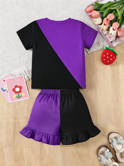 Girls' Nova Beat K-Pop 2-Piece Set: Graphic Tee & Ruffle Hem Shorts Streetwear