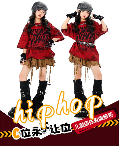 Girls Hiphop Group Jazz Dance Performance Clothes Loose Short Sleeve Top Pants Street Dance Costumes Wear