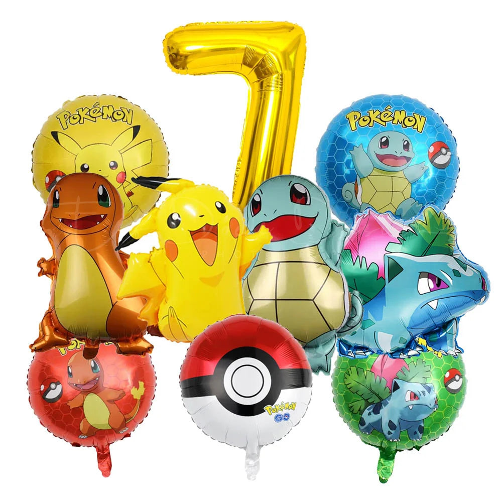 10pcs Cartoon Theme Party Balloon jump Pikachu Little Fire Dragon Jenny Turtle Foil Balloon Kids Birthday Party Decoration Gifts