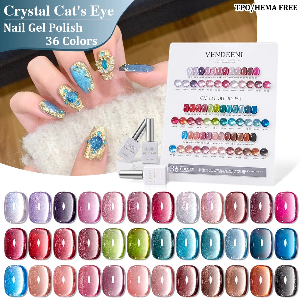Vendeeni 36 Colors/Set Glitter Crystal Cat Eye Gel Nail Polish Semi Permanent UV Magnetic Wide Cat Eye Gel Varnish With Display