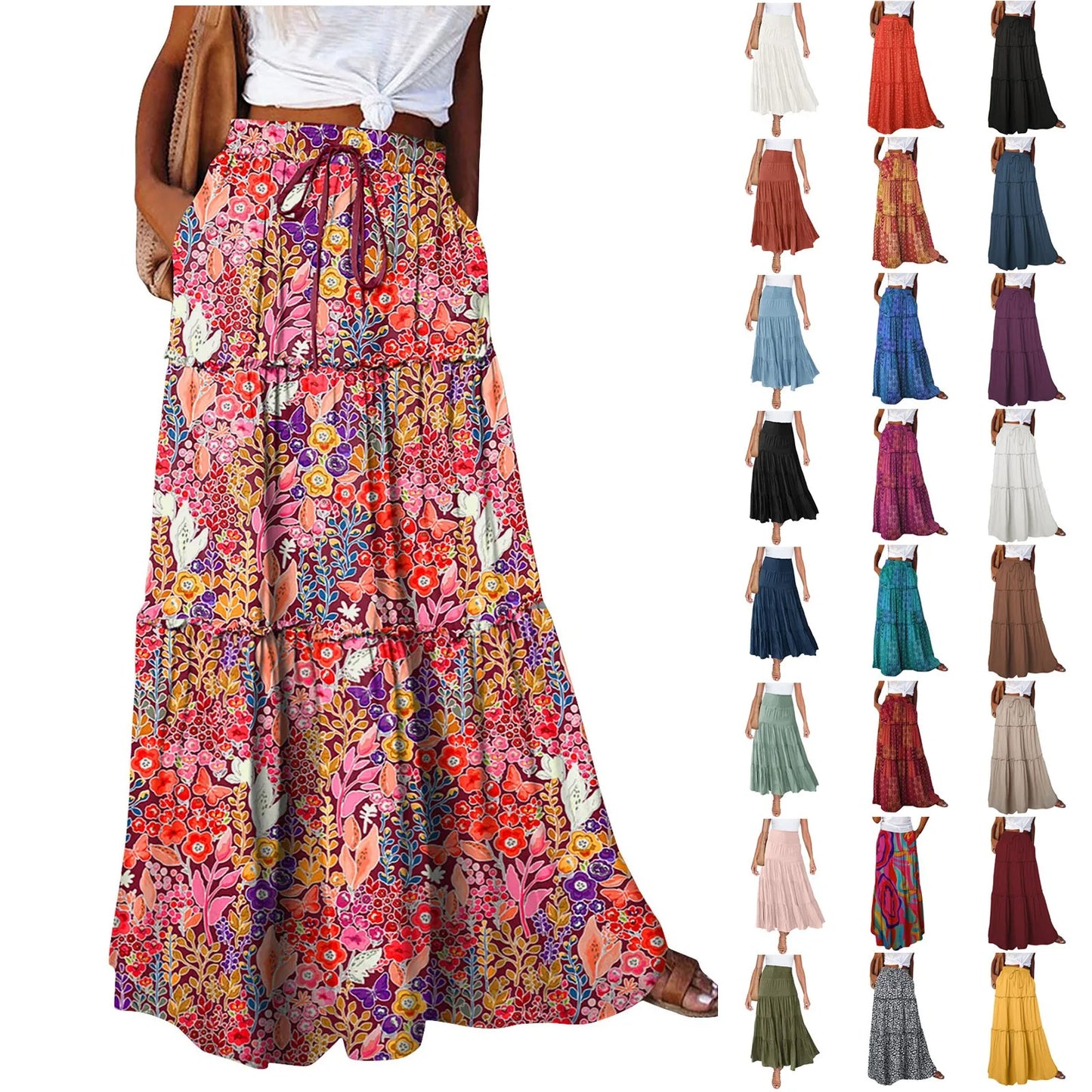 Women’s Boho Maxi Skirt: High-Waisted A-Line Tiered Long Skirt