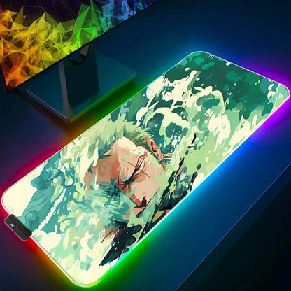 ONE PIECE Zoro RGB Mouse Pad Anime Carpe Large PC Gamer Computer LED Mausepad Keyboard Gaming Accessories Backlight Desk Mat XXL