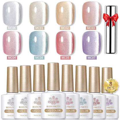 BORN PRETTY 8Pcs Glitter Cat Magnetic Nail Gel Polish Set Moonlight Transparent Summer Semi Permanent UV Gel Soak Off Nail Gel