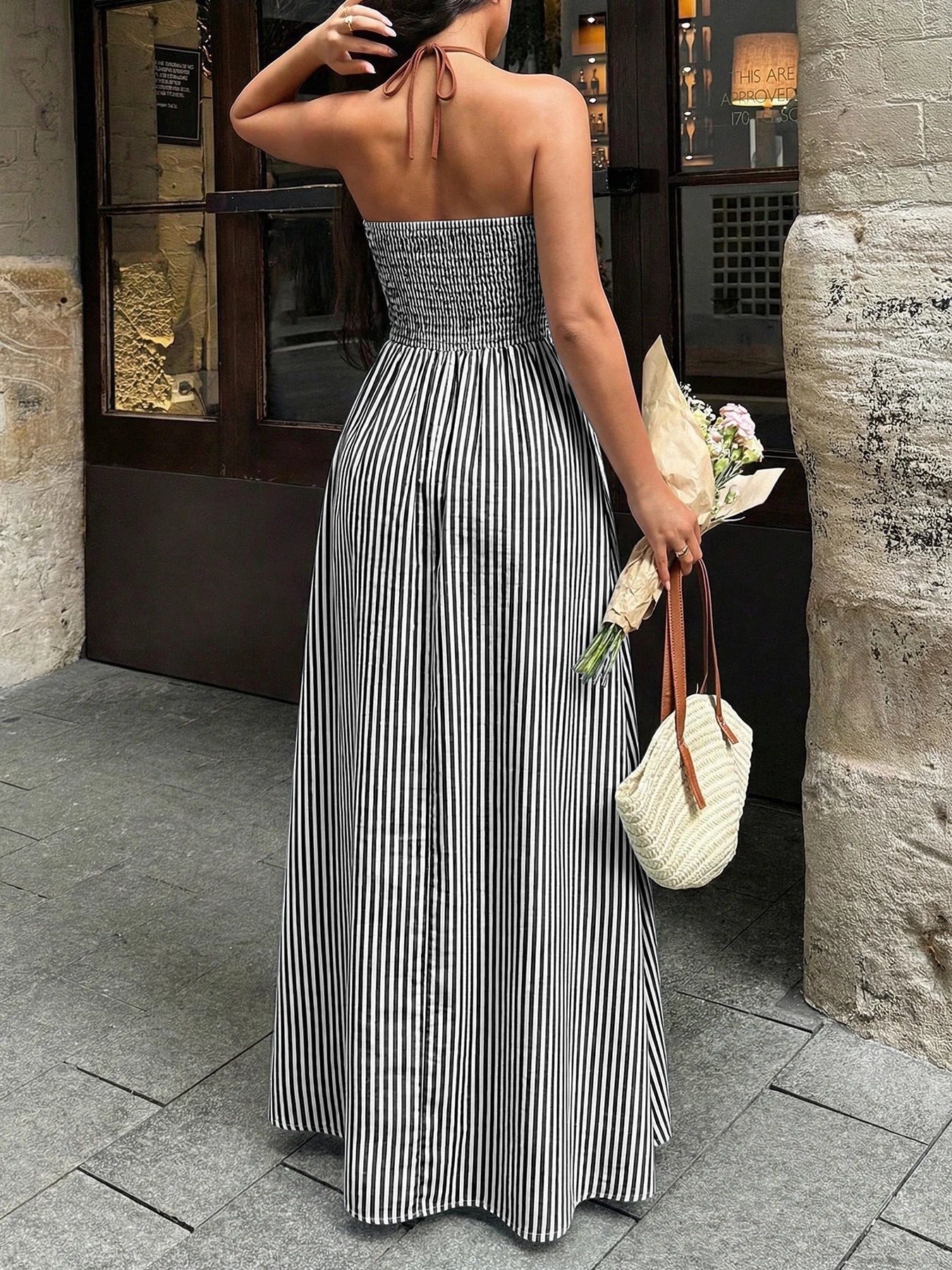 2026 Summer New Style Deep V-neck Striped Beach Dress, Sexy Backless Sleeveless Neckline Long Dress