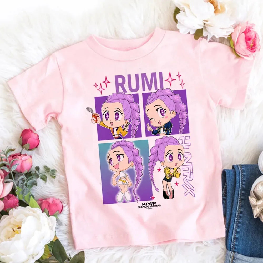 2026 Summer Kpop Demon Hunters T Shirt Kids Cartoon Anime Meme Print Clothes Round Neck Basic Boys Tops Casual Shirts Gift