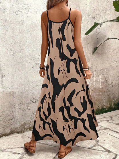 Summer 2026 Women's Fashion Slim Fit Floral Print V-Neck Loose Holiday Style Dress Knitted Fabric A- Line Skirt Casual Wear