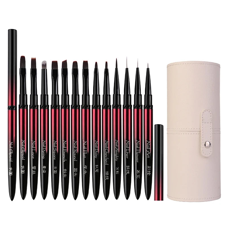 New 1/13pcs Nail Art Brush Set Black Red Metal Handle Acrylic UV Gel Polish Crystal Acrylic Nail Drawing Tools High Quality