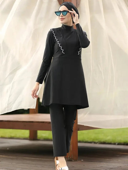 3PCS Black Series Modest Burkini Femmes Muslim Swimsuit Swimwear Summer Beach Women's Swimsuit Lotus Leaf Edge Design