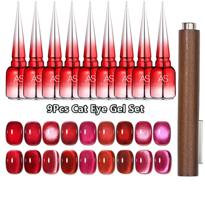AS 9pcs Cat Eye Magnetic Moonlight Gel Nail Polish Set 15ml Sparkle White Silver Water Light Red UV Gel Nail Art Manicure Vernis