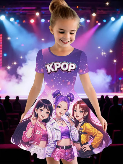 Girls' K-Pop "Anime Star" Summer Dress: Harajuku Style Short Sleeve A-Line Gown