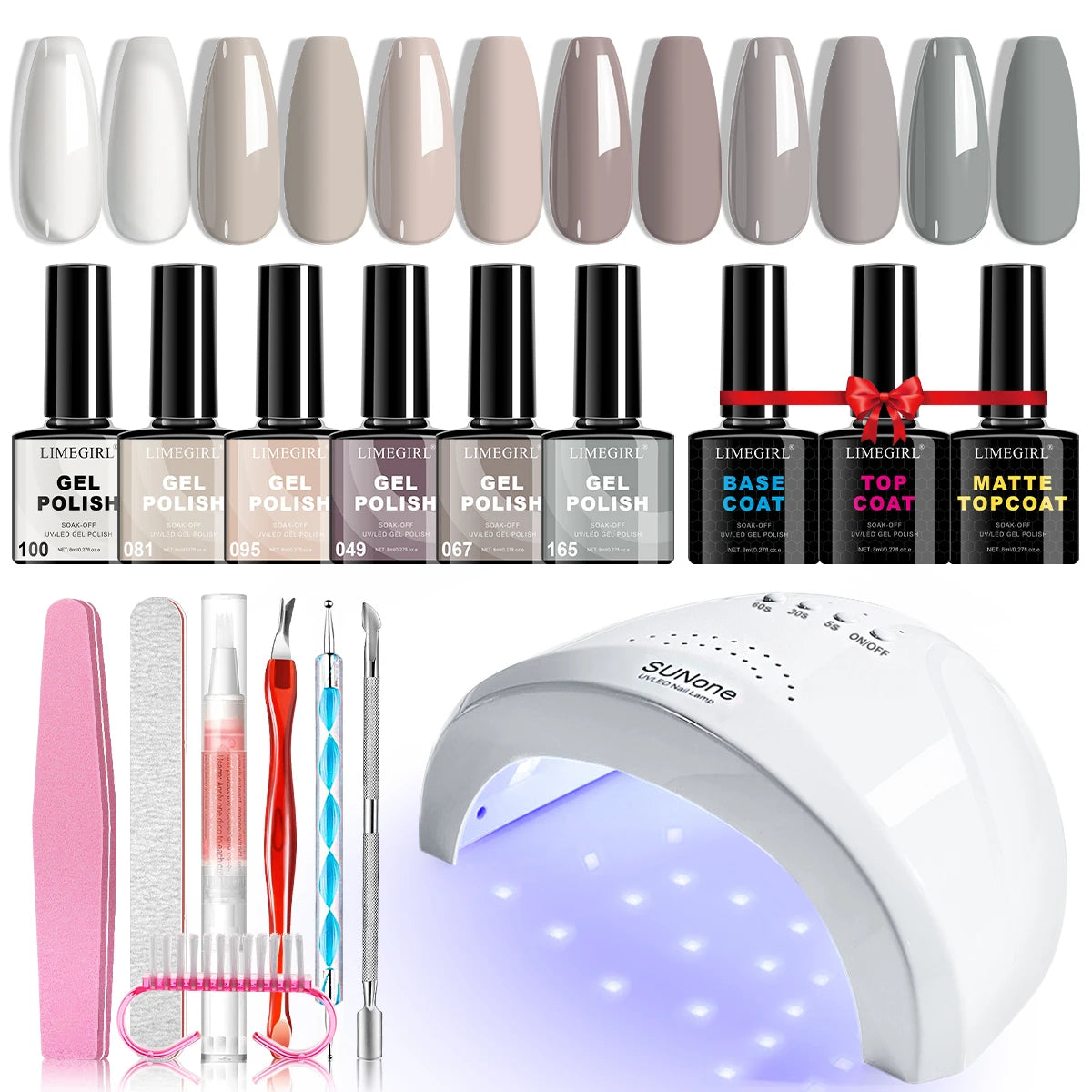 Limegirl Gel Nail Kit with Nail Lamp, 8ml Morandi Set, Base/Top/Matte, 30 Days Wear, UV/LED for Home & Salon