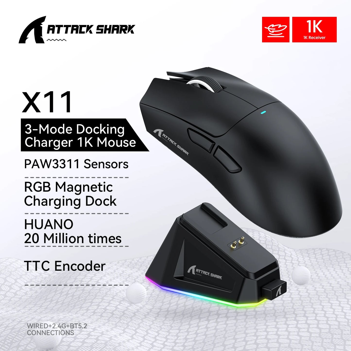 ATTACK SHARK X11 Gaming Mouse  and X11 SE Wireless Mouse 22000 DPI,PAW3311 Sensor,BT/2.4G/Wired,59g Lightweight,2000W Clicks