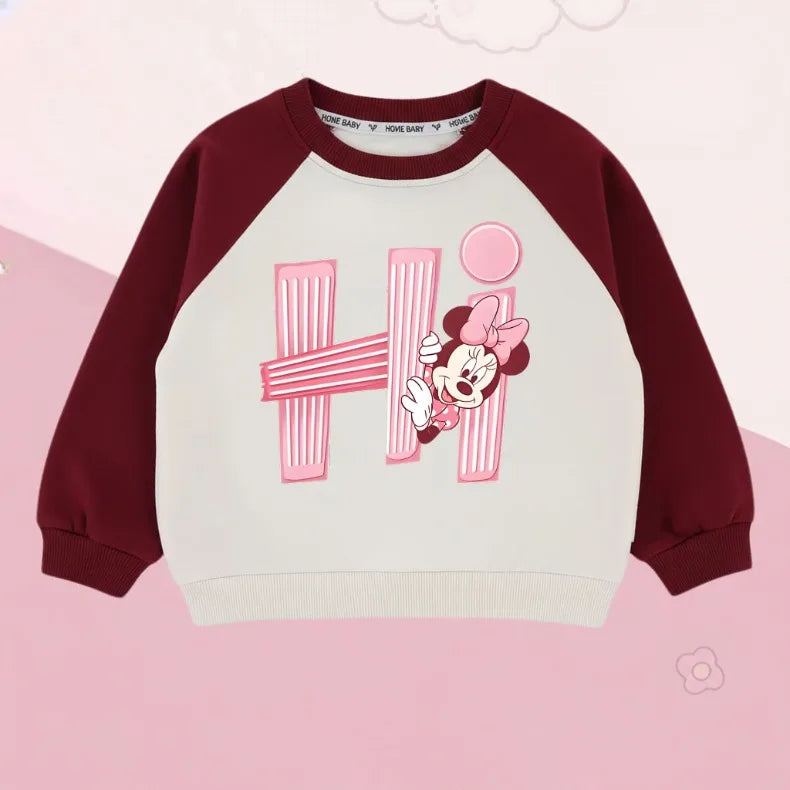 Minnie Printed Girls Fashion O Neck Hoodies Disney Children Casual Sweatshirts Spliced Long Sleeve Kids Spring and Autumn Tops