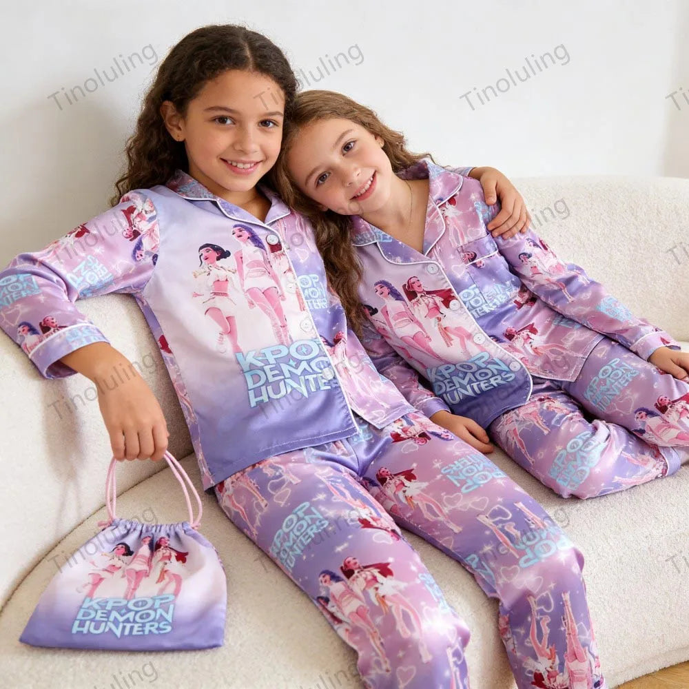 Kids' K-Pop Demon Hunters Satin Pajama Set: Long Sleeve Luxury Sleepwear