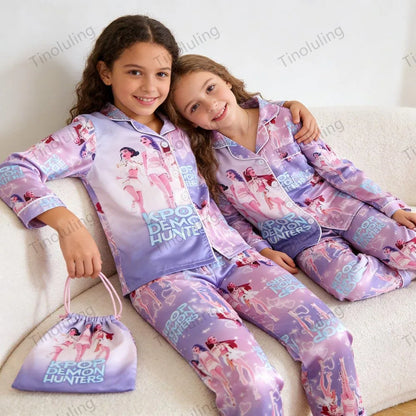 Kids' K-Pop Demon Hunters Satin Pajama Set: Long Sleeve Luxury Sleepwear