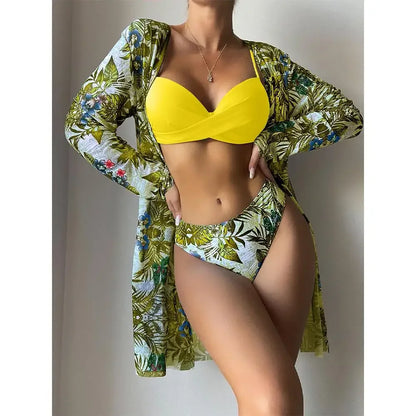 Three Pieces Bikini Set Cover Up Women 2023 New Push Up Twist Swimsuit Print Long Sleeve Swimwear Biquini Bathing Suit Summer