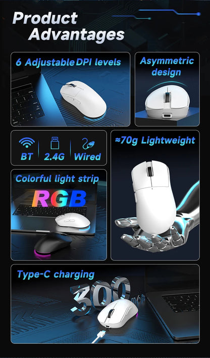 AJAZZ NJ08 Tri-Mode Wired/2.4G/Bluetooth Gaming and Office Mouse with RGB Lighting and Lightweight Design