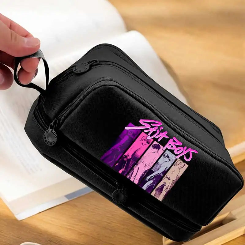 KPOP Pencil Case Student Storage Bag Stationery Large Space Storage 4 Compartment Pouch Double Side Opened