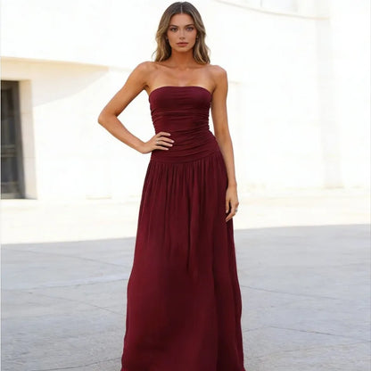 2026 Summer Fashion Solid Color Strapless Strapless Sleeveless Lady Long Dress New Elegant Sexy Slimming Pleated Women's Dresses
