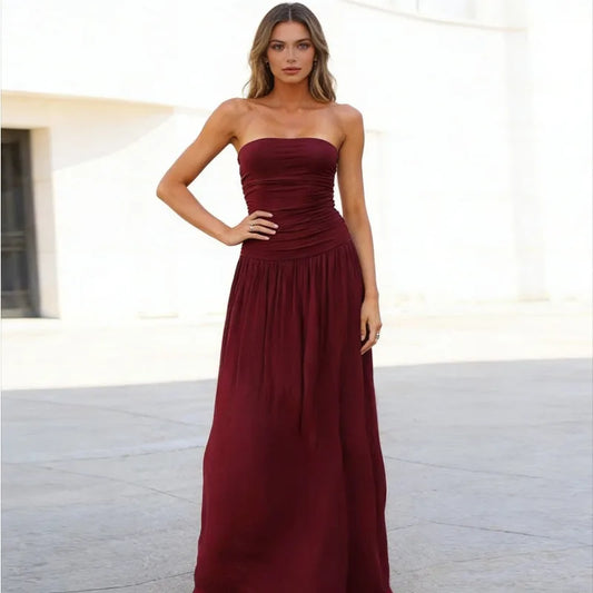 2026 Summer Fashion Solid Color Strapless Strapless Sleeveless Lady Long Dress New Elegant Sexy Slimming Pleated Women's Dresses