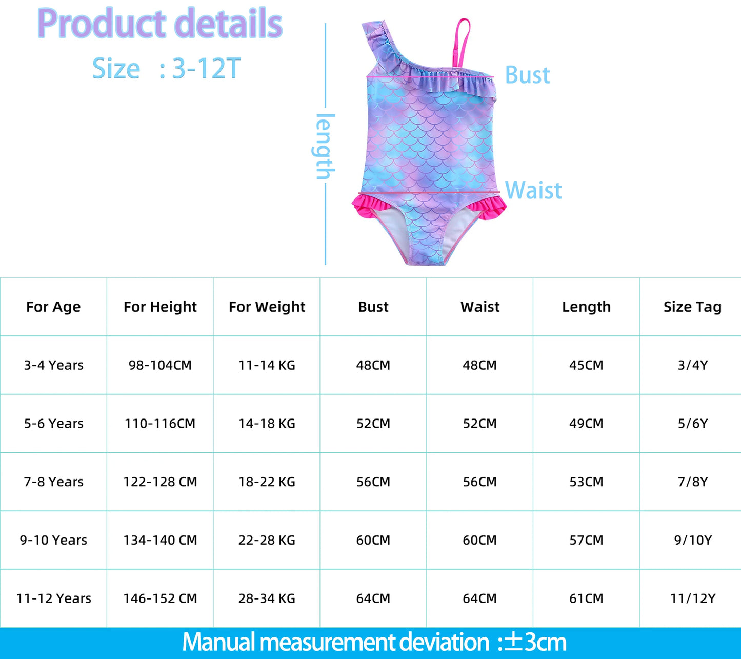 Girls' "Mermaid Heart" One-Piece Swimsuit: Colorful Scale Pattern with Asymmetric Ruffles