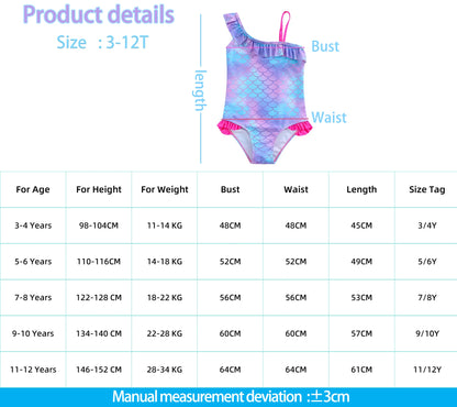 Girls' "Mermaid Heart" One-Piece Swimsuit: Colorful Scale Pattern with Asymmetric Ruffles