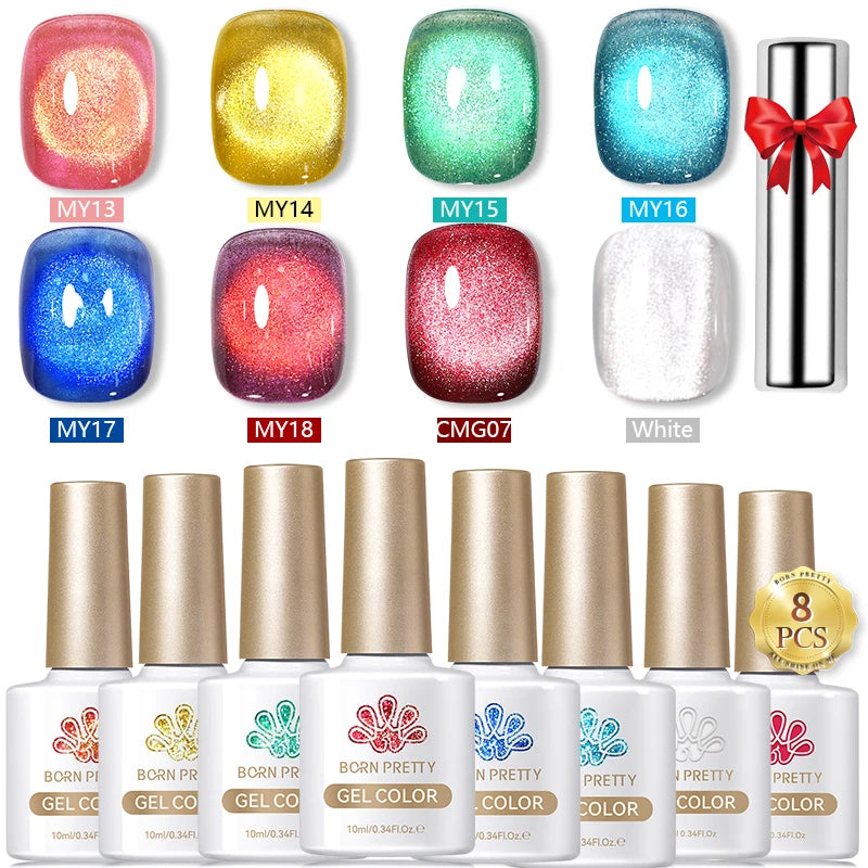 BORN PRETTY 8Pcs Glitter Cat Magnetic Nail Gel Polish Set Moonlight Transparent Summer Semi Permanent UV Gel Soak Off Nail Gel