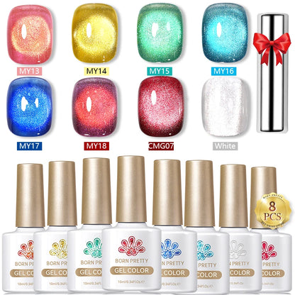 BORN PRETTY 8Pcs Glitter Cat Magnetic Nail Gel Polish Set Moonlight Transparent Summer Semi Permanent UV Gel Soak Off Nail Gel