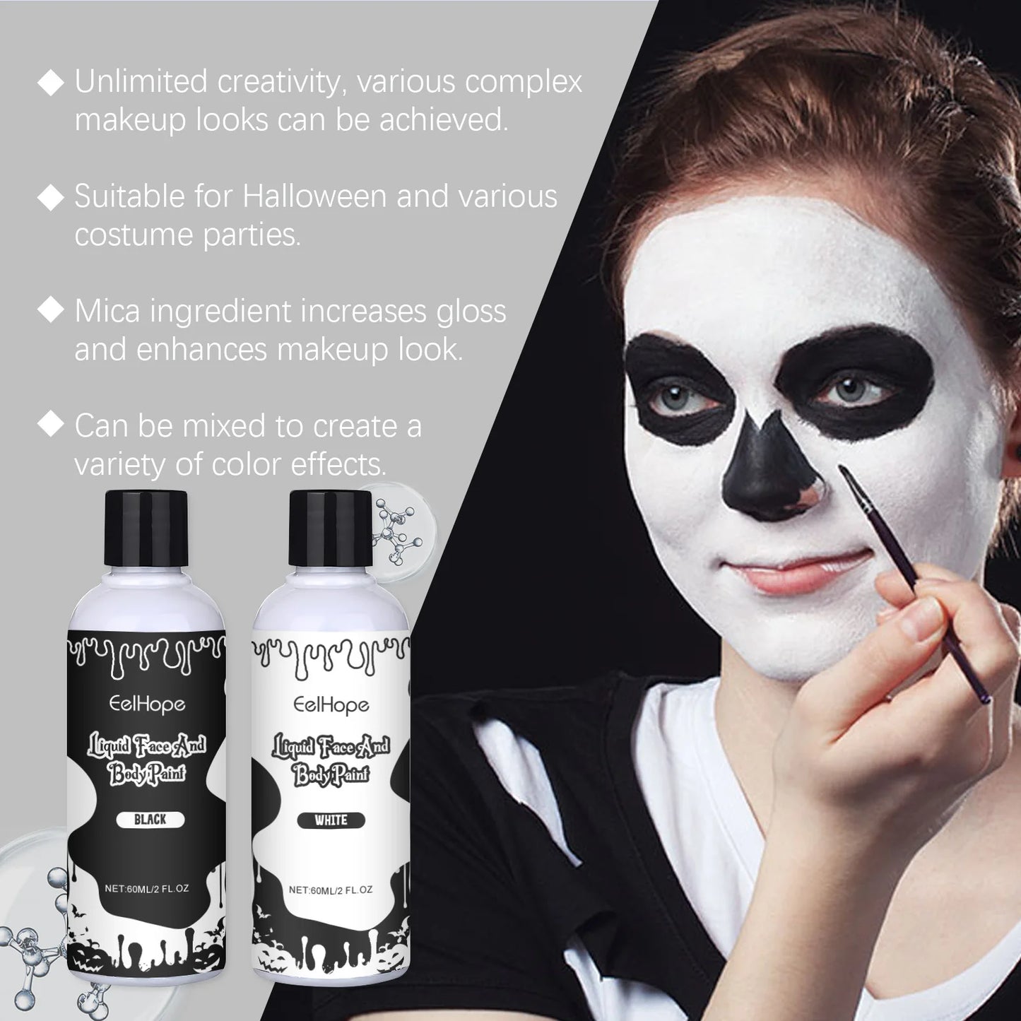 Eelhope Halloween Quick Dry Liquid Face Paint Body Paint Costume Party Waterproof Face Body Art Makeup with Brushes Washable