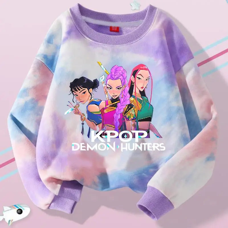 K-Pop Hunters Zoey Mira Rumi Tie-dyed Sweatshirt for Girl Pullover Crew Neck Child Sportwear Long Sleeve Cartoon Kids Tops