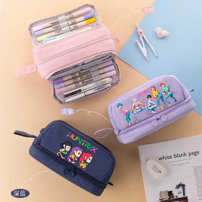 KPOP Pencil Case Student Storage Bag Stationery Large Space Storage 4 Compartment Pouch Double Side Opened