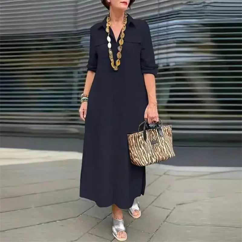 Women Spring Autumn Long Sleeve Lapel Single-breasted Cardigan Dress Double Pocket Splicing Dresses Elegant Female Commuter Gown