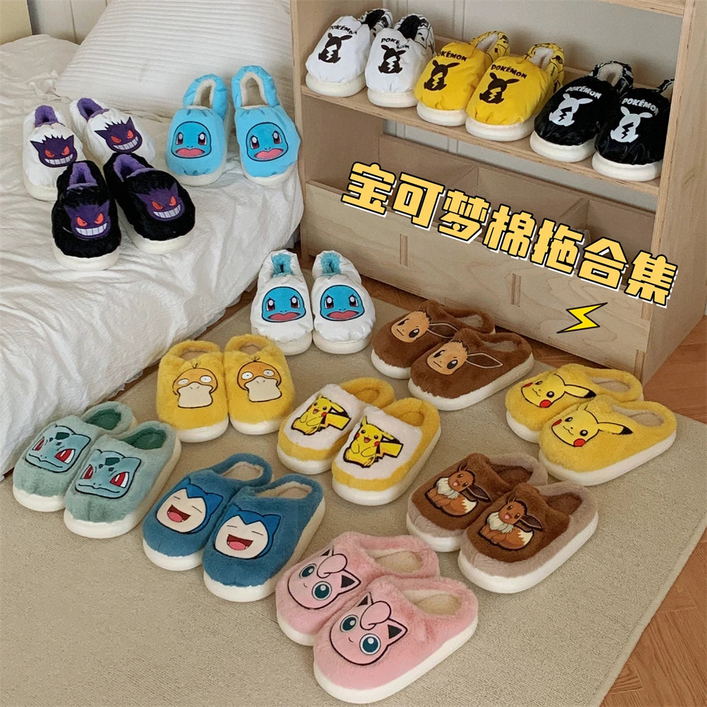Pokemon Anime Couple Slippers Cute Pikachu Eevee Cartoon Cotton Home Shoes for Men And Women with Velvet Insulation Winter Gifts