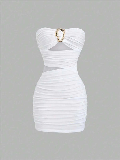 Women's Sexy Slim-Fit Strapless Bustier Mini Dress with Metal Buckle
