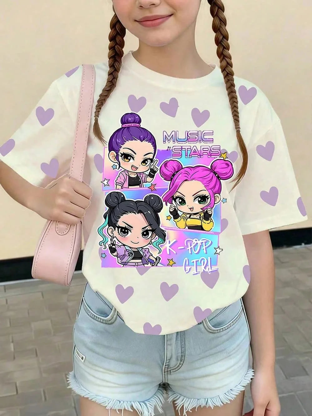 Kpop Cartoon Graphic Girls T-Shirt Casual Round-Neck T-Shirt Suitable for Girls Kids Gift Short Sleeve Tops Children's Clothing