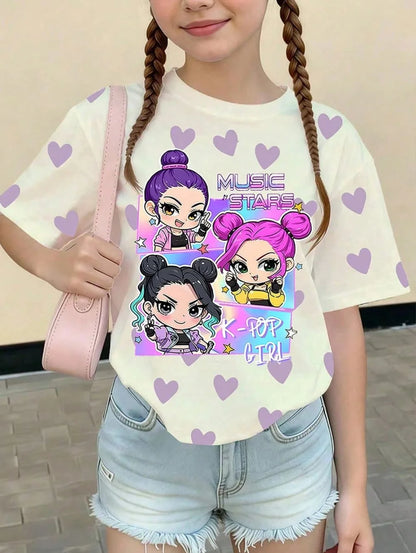 Kpop Cartoon Graphic Girls T-Shirt Casual Round-Neck T-Shirt Suitable for Girls Kids Gift Short Sleeve Tops Children's Clothing