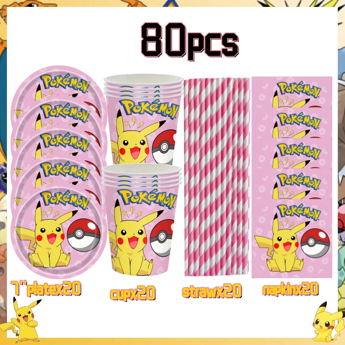 Pink Pokemon Birthday Party Decoration Disposable Tableware Set Pikachu Tablecloth Cup Plate Baby Shower Kids Diy Party Supplies