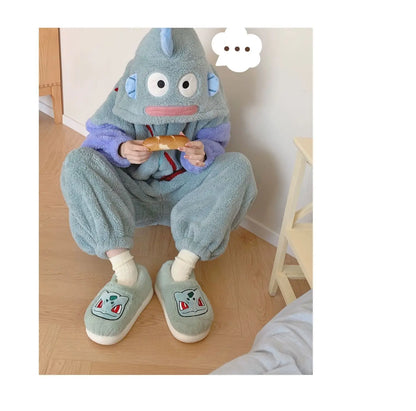 Pokémon Genuine Bulbasaur Indoor Fall and Winter Plus Velvet Warm Soft-soled Comfortable Cotton Slippers for Men and Women