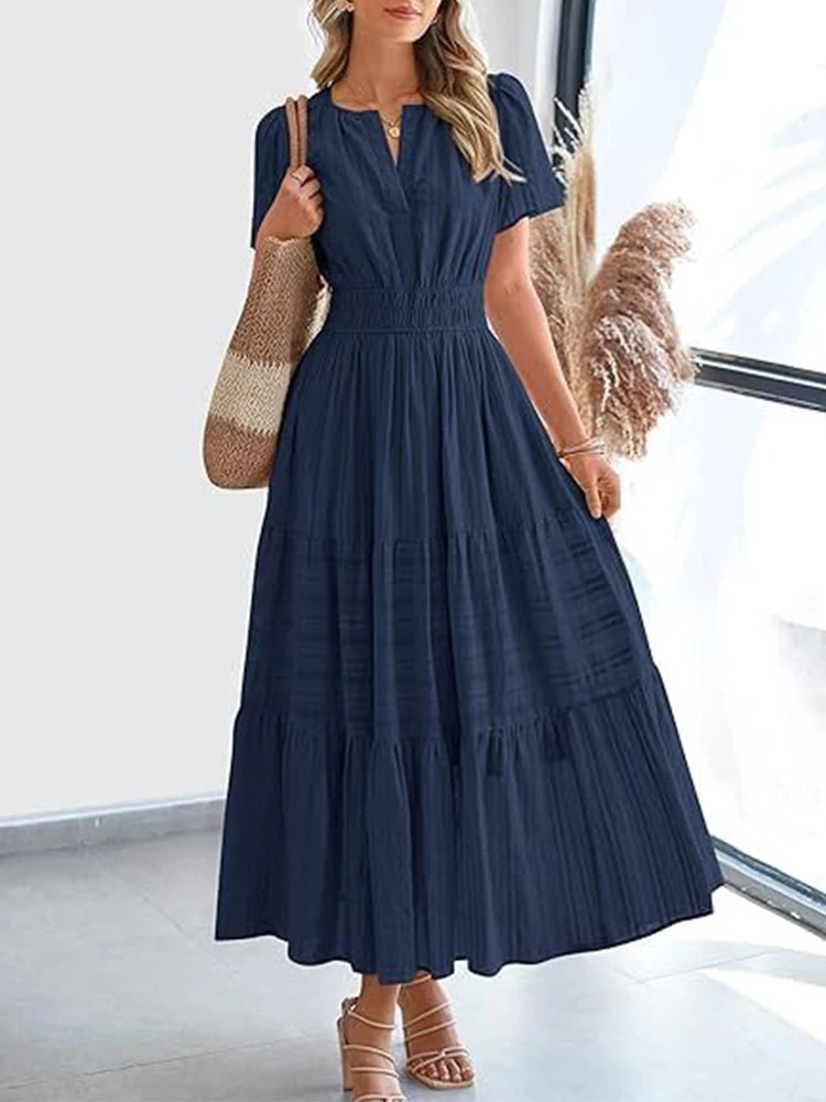 V-Neck Tiered Boho Midi Dress: Bubble Sleeve Smocked Waist Summer Gown