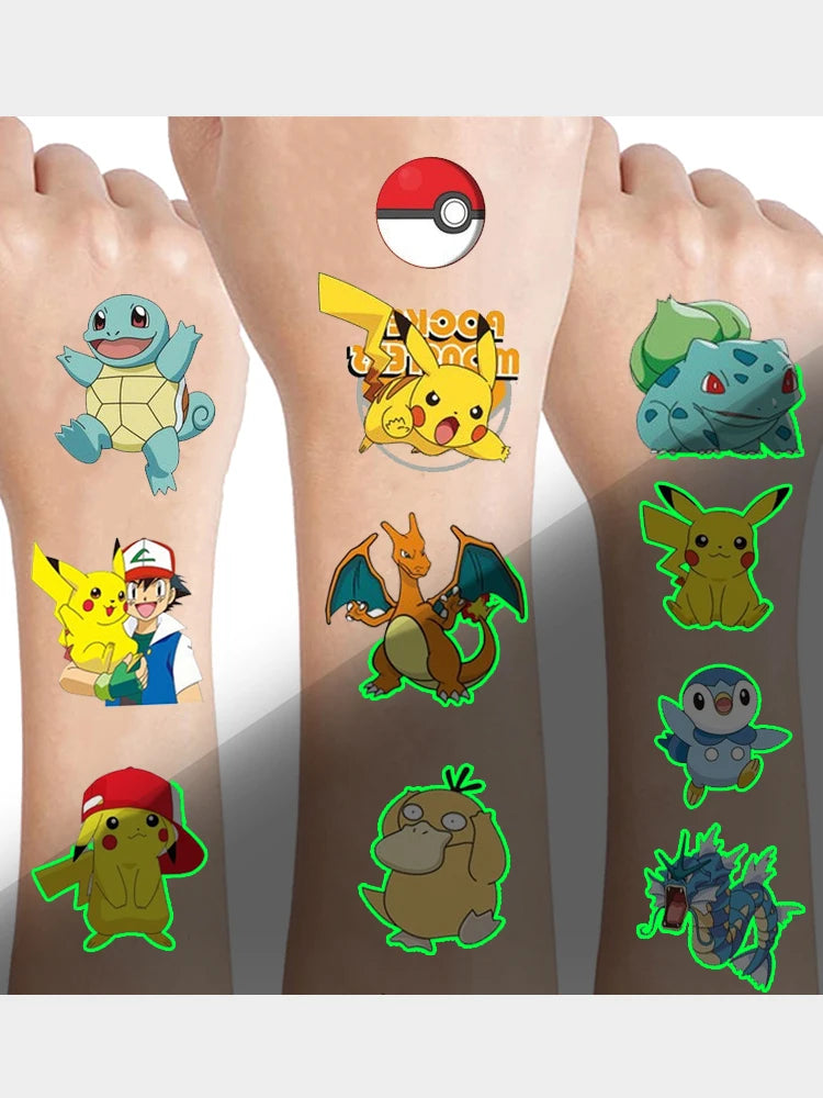 8pcs Luminous Pokemon Pikachu Cute Tattoo Stickers Arm Face Glowing Body Art Children Temporary Tattoo Kids Gift Party Supplies