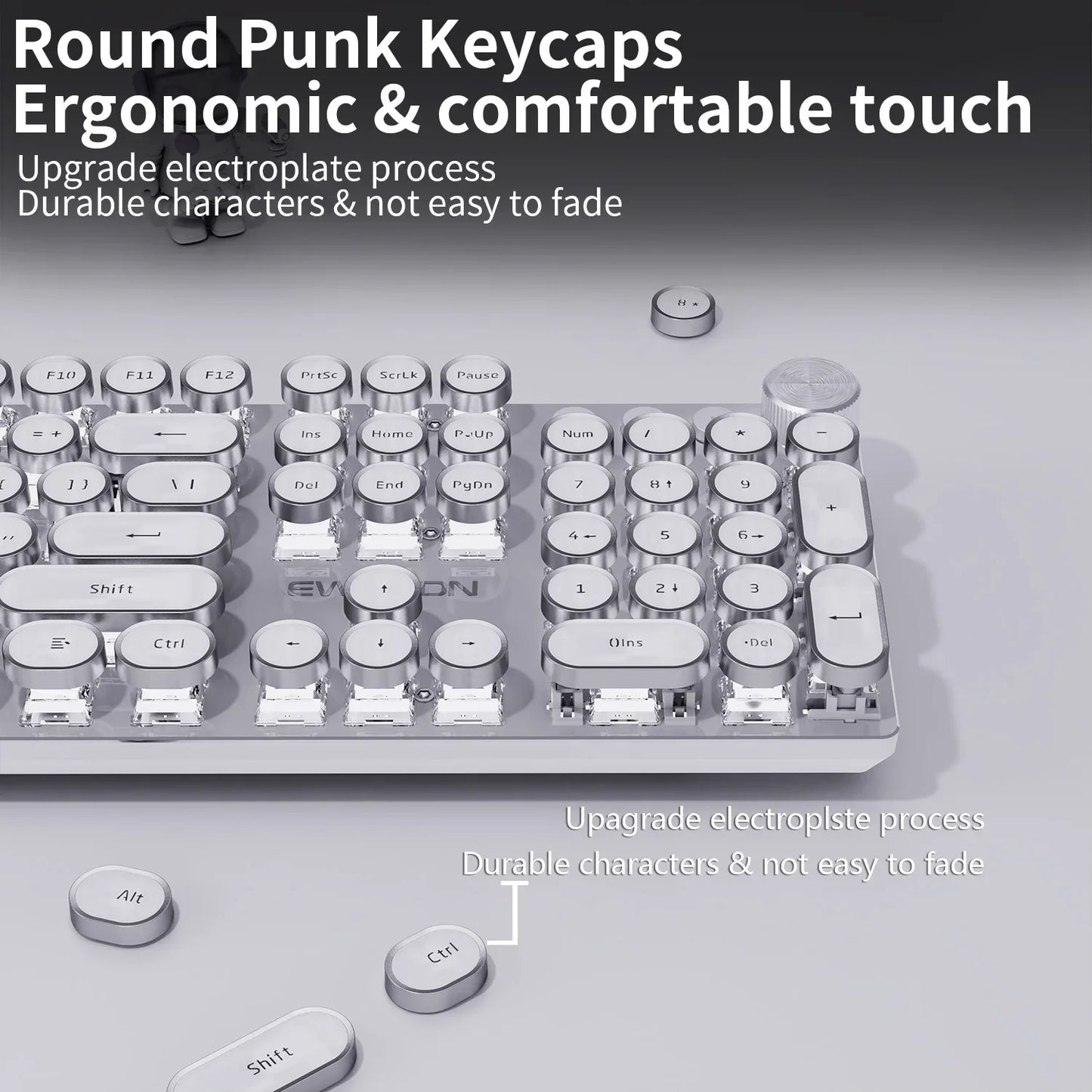 EWEADN V20 Mechanical Keyboard Wired Cute 104 Keys Round Keycaps Gaming Keyboard Retro Punk White Backlit Office Computer Mute