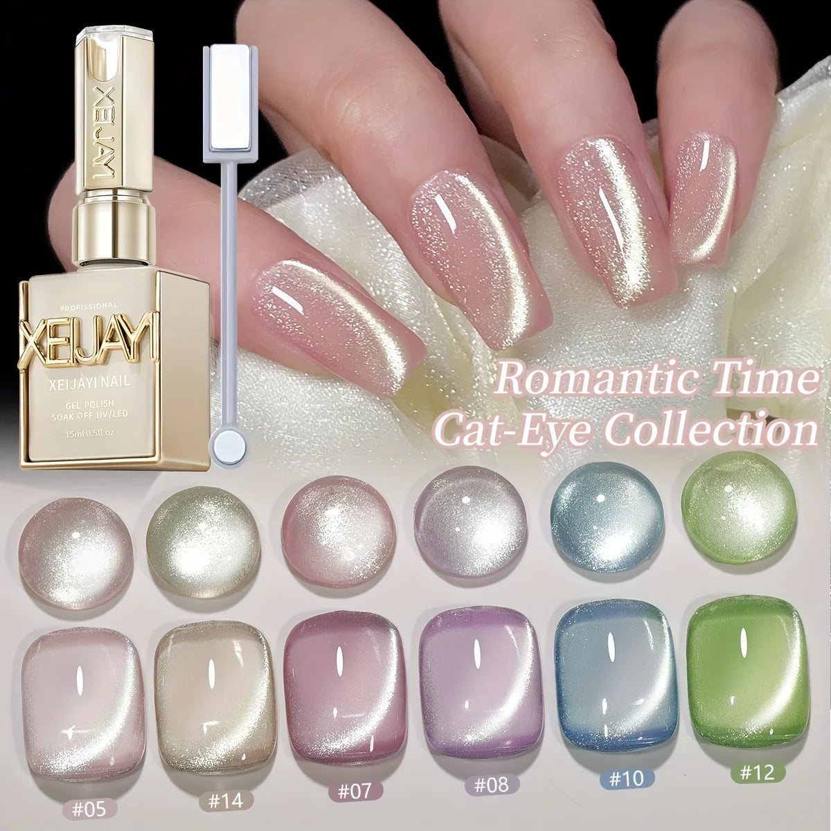 XEIJAYI 6-Color Magnetic Cat-Eye Gel Polish Set with Dual-Head Magnet Tool – Create Shimmering Nail Art with Ease