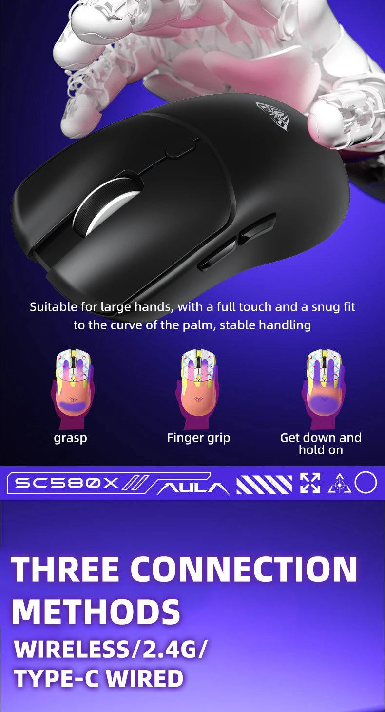 AULA Wireless Gaming Mouse Tri-mode 2.4G/Bluetooth Mouse Rechargeable Ergonomic 12000 DPI Mouse for PC Gaming Accessories SC580X