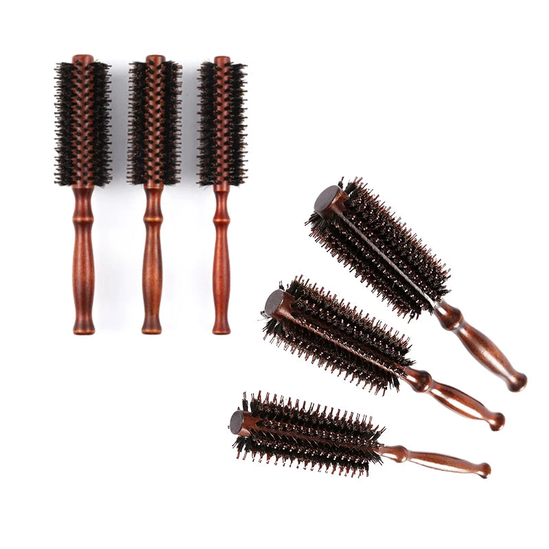 Wood Handle Round Rolling Brush Boar Bristle Nylon Hair Comb Anti Static Brush Straight Twill Hair Comb Hairdressing Tool